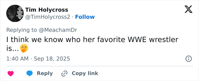 Tweet mocking First Lady's outfit in the UK, referencing WWE wrestler with a thinking emoji. Tweet mocking First Lady's outfit in the UK, referencing WWE wrestler with a thinking emoji.