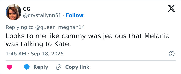 Tweet screenshot showing user discussing Queen Camilla&rsquo;s embarrassing gesture to Kate Middleton during Trump visit sparking controversy.