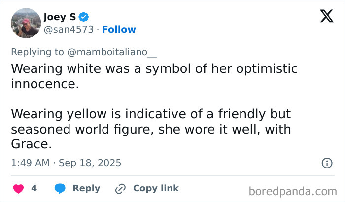 Twitter post debating the color of Melania Trump’s optical illusion dress from Windsor banquet as fans share opinions. Twitter post debating the color of Melania Trump’s optical illusion dress from Windsor banquet as fans share opinions.