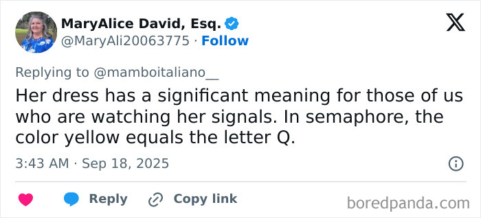Tweet from MaryAlice David, Esq. discussing the color yellow in Melania Trump’s optical illusion dress from Windsor banquet. Tweet from MaryAlice David, Esq. discussing the color yellow in Melania Trump’s optical illusion dress from Windsor banquet.