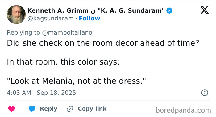 Tweet discussing Melania Trump’s optical illusion dress from Windsor banquet and its debated color perception. Tweet discussing Melania Trump’s optical illusion dress from Windsor banquet and its debated color perception.