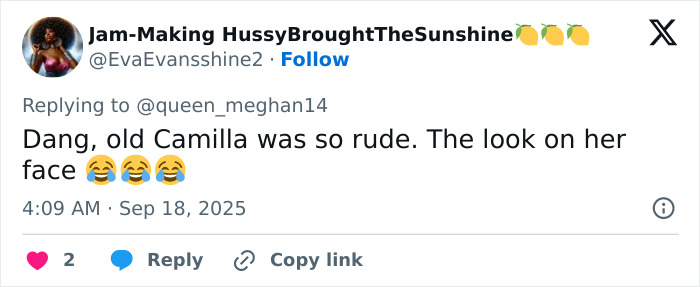Screenshot of a tweet criticizing Queen Camilla&rsquo;s embarrassing gesture to Kate Middleton during Trump visit controversy.