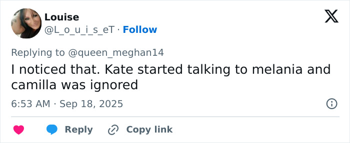 Tweet discussing Queen Camilla&rsquo;s embarrassing gesture to Kate Middleton during Trump visit, highlighting social media reaction.