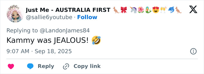 Tweet from user Just Me with comment about Queen Camilla&rsquo;s embarrassing gesture to Kate Middleton during Trump visit sparking controversy.