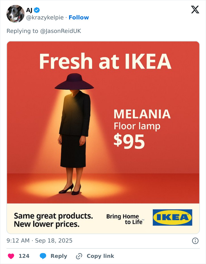 Melania outfit mocked as a floor lamp in a satirical IKEA ad with light bulb theme and UK fashion critique. Melania outfit mocked as a floor lamp in a satirical IKEA ad with light bulb theme and UK fashion critique.