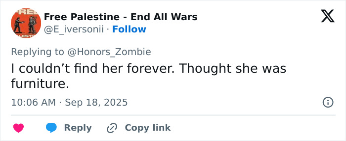 Tweet from Free Palestine account commenting humorously, fueling Melania Trump body double conspiracy after viral royal family meeting.