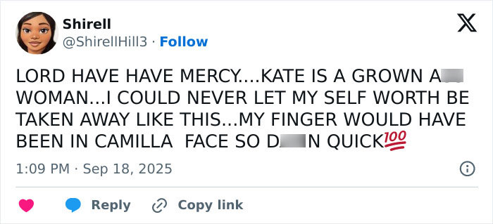 Screenshot of a tweet discussing Queen Camilla&rsquo;s gesture to Kate Middleton during Trump visit sparking controversy.