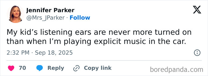 Screenshot of a humorous parenting social media post about kids overhearing explicit music in the car.