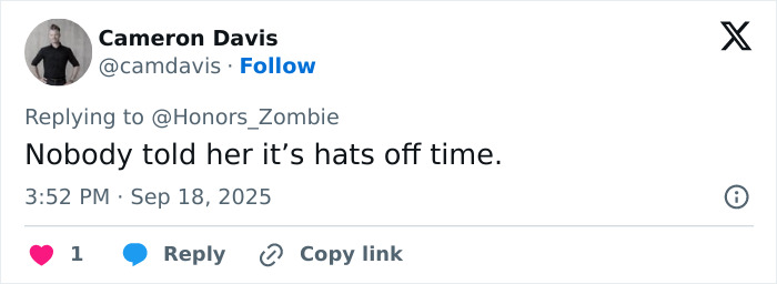 Tweet by Cameron Davis mocking First Lady Melania's outfit in the UK, referencing needing a new light bulb. Tweet by Cameron Davis mocking First Lady Melania's outfit in the UK, referencing needing a new light bulb.