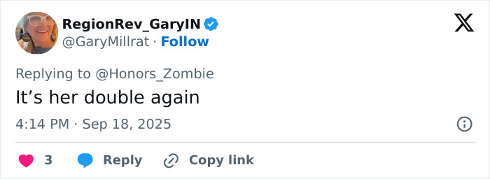 Tweet from user RegionRev_GaryIN claiming body double after viral meeting of Melania Trump with British Royal Family.