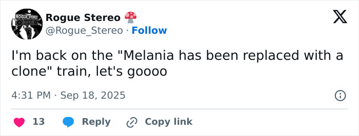 Tweet text showing a user discussing the Melania Trump body double conspiracy with a lighthearted tone.