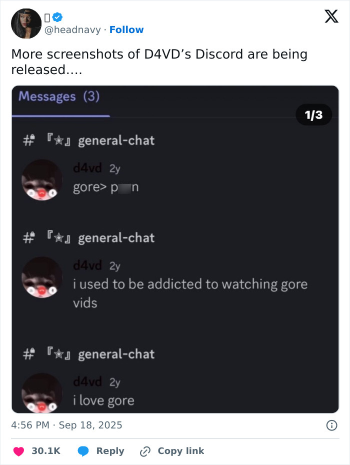 Screenshot of Discord messages from singer D4vd discussing past addiction to watching gore videos.