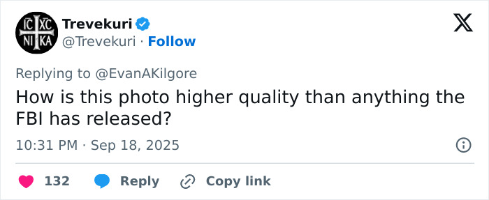 Tweet by Trevekuri questioning photo quality after Kirk crime, related to Candace Owens and Tyler Robinson claims.