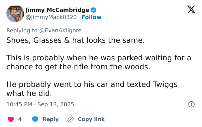 Tweet discussing Candace Owens claims about an exclusive photo of Tyler Robinson linked to Kirk crime theory.