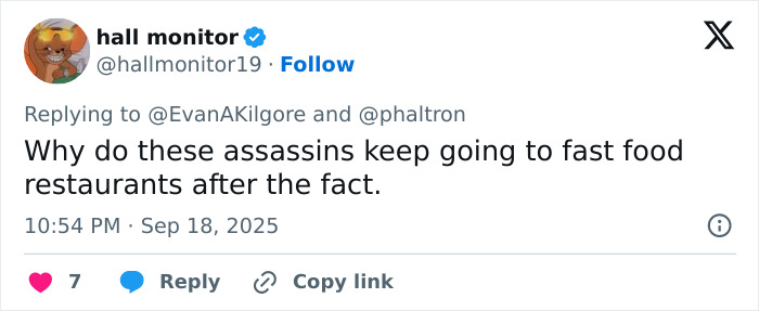 Tweet from user hall monitor questioning assassins going to fast food restaurants after the Kirk crime, related to Candace Owens and Tyler Robinson.