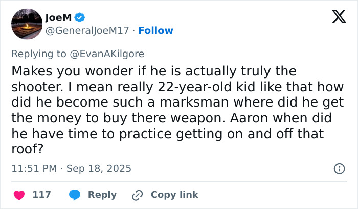 Screenshot of a tweet questioning the shooter&rsquo;s identity in the Kirk crime, linked to Candace Owens and Tyler Robinson.