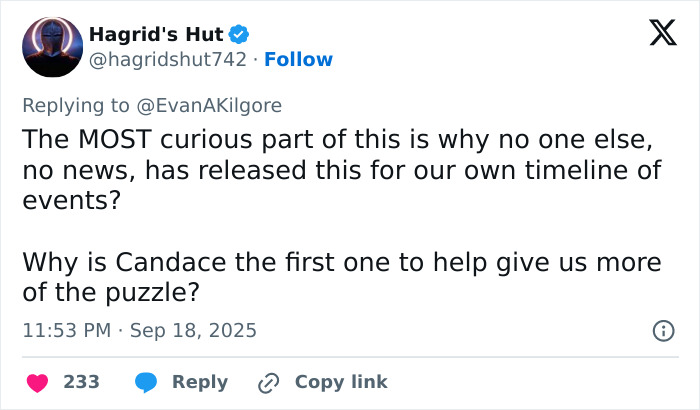 Tweet discussing why Candace Owens is first to share exclusive photo related to Tyler Robinson and Kirk crime timeline.