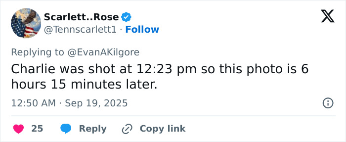 Tweet showing user Scarlett..Rose stating the timing of Tyler Robinson photo hours after Kirk crime incident.