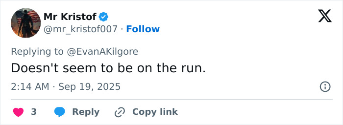 Screenshot of a tweet by Mr Kristof replying to EvanAKilgore about Tyler Robinson hours after Kirk crime.