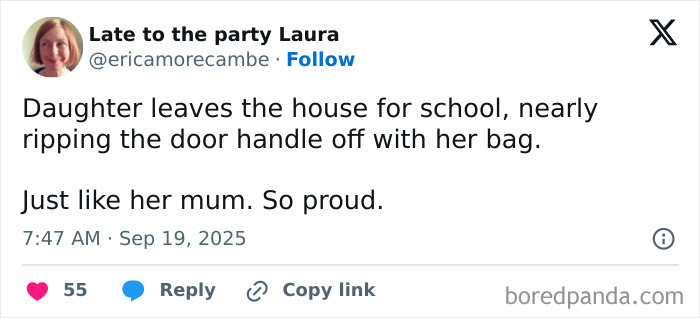 Screenshot of a humorous parenting post about a daughter nearly breaking a door handle while leaving for school.