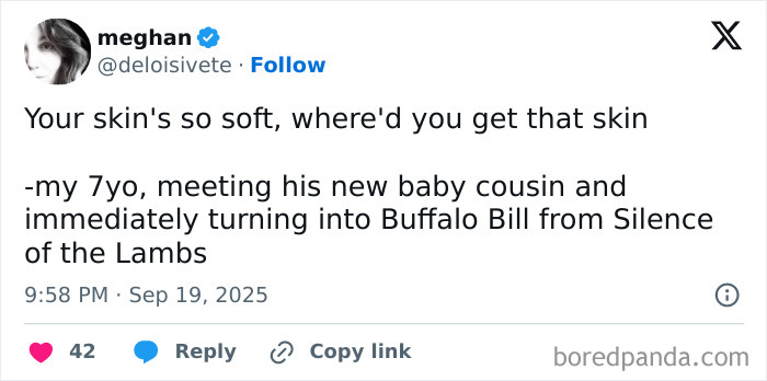 Tweet showing a humorous parenting post with a 7-year-old’s funny reaction to meeting a baby cousin.