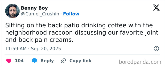 Tweet showing a humorous parenting post about drinking coffee with a raccoon, highlighting funny parenting moments.