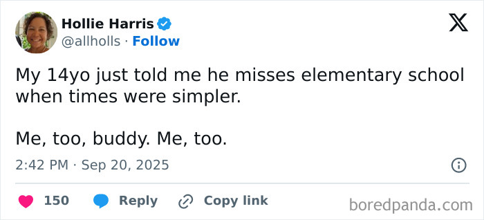Tweet by Hollie Harris about her 14-year-old missing simpler elementary school days, related to parenting posts humor.