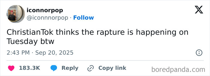Tweet from user iconnorpop discussing ChristianTok and rapture predictions, highlighting RaptureTok&rsquo;s viral explosion in September speculation.