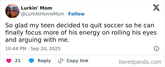 Social media post from a mom humorously sharing teen parenting moments with eye-rolling and arguments.