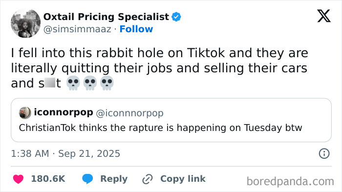 Screenshot of a tweet discussing RaptureTok with users reacting to a pastor predicting the world will end in September.