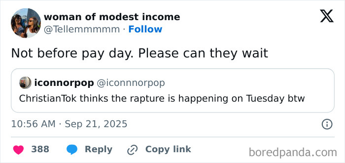 Social media post discussing RaptureTok and predictions of the world ending in September, with user reactions.