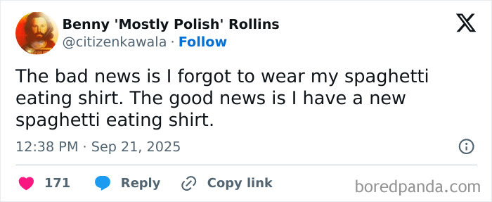 Funny tweet about forgetting and then having a new spaghetti eating shirt, part of funniest tweets of September collection.
