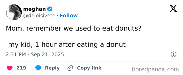 Tweet from Meghan humorously recalling a child's fast forgetfulness about eating donuts, related to parenting posts.