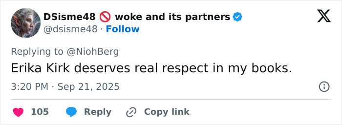 Twitter post showing user DSisme48 praising Erika Kirk for deserving real respect, with engagement metrics visible.