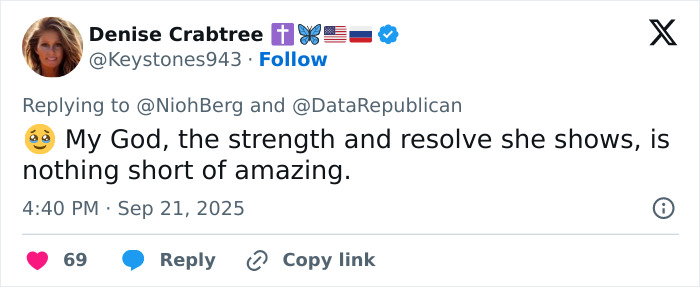 Denise Crabtree tweeting support for Erika Kirk&rsquo;s justice call as 200,000 gather for farewell event.