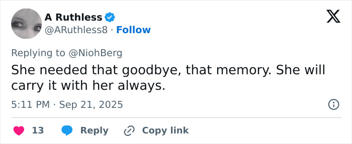 Screenshot of a tweet discussing justice and farewell, referencing Erika Kirk and a large gathering event.