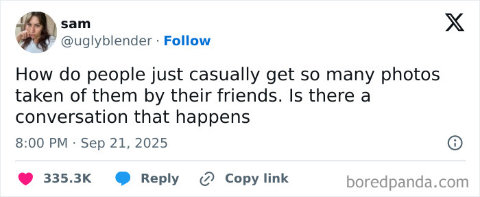 Screenshot of a funny tweet about casual photo-taking, featured among the funniest tweets of September that made people laugh.