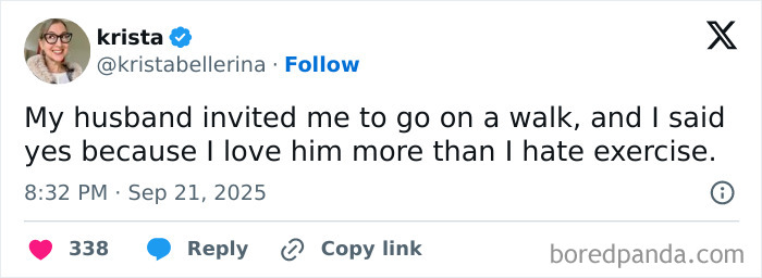Tweet from a verified user sharing a humorous parenting post about love and exercise, dated September 2025.