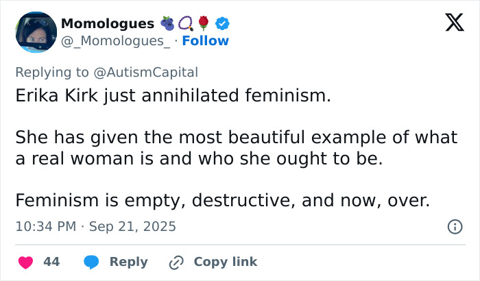 Tweet discussing Erika Kirk's impact on feminism and the heated debate after viral claims at Charlie's funeral.