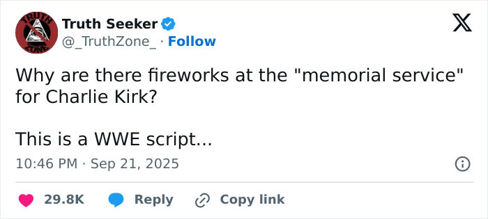 Screenshot of a tweet criticizing the Charlie Kirk memorial organizers for a WWE-level surprise entrance with fireworks. Screenshot of a tweet criticizing the Charlie Kirk memorial organizers for a WWE-level surprise entrance with fireworks.