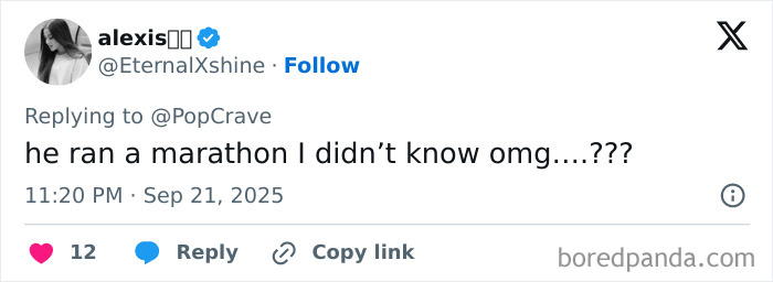 Tweet on a mobile screen reacting to Harry Styles secretly running Berlin Marathon with impressive speed.