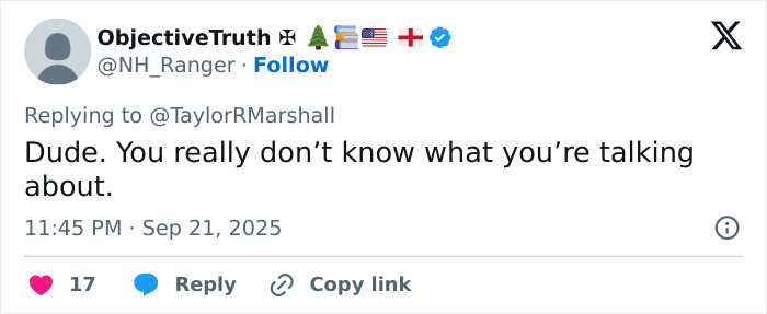 Screenshot of a tweet from ObjectiveTruth replying to TaylorRMarshall during heated debate on Erika Kirk ending feminist movement.