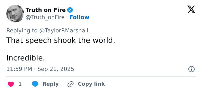Tweet from Truth on Fire praising a speech that sparked a heated debate after viral claims about Erika Kirk and feminism.