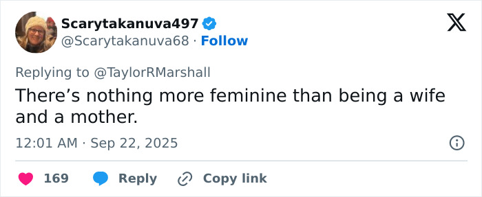 Tweet from Scarytakanuva497 about femininity sparking heated debate after viral claims involving Erika Kirk and the feminist movement.
