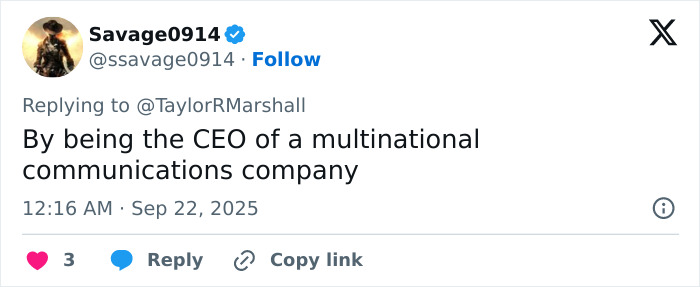 Tweet from user Savage0914 discussing the CEO of a multinational communications company in a reply.