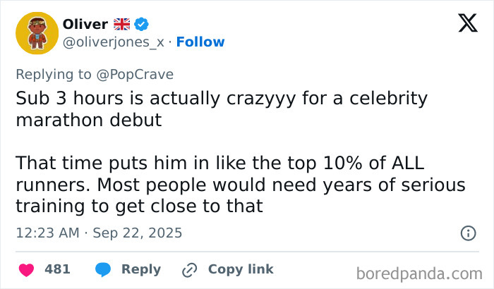 Tweet praising Harry Styles for his impressive Berlin marathon speed, noting top 10 percent finish for celebrity debut runner.