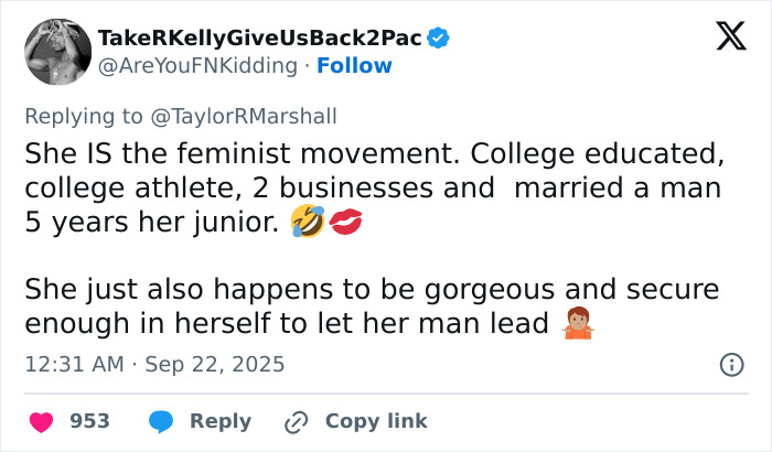 Social media post sparking heated debate over Erika Kirk's impact on the feminist movement during Charlie's funeral.