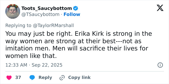Tweet highlighting heated debate on Erika Kirk&rsquo;s impact on the feminist movement during Charlie&rsquo;s funeral discussion.