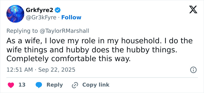 Tweet expressing traditional household roles amid heated debate over Erika Kirk and the feminist movement at Charlie's funeral.