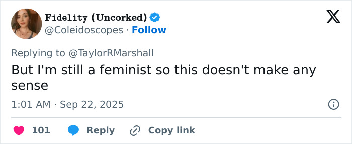 Tweet from user Fidelity responding to a feminist debate after viral claims about Erika Kirk at Charlie's funeral.